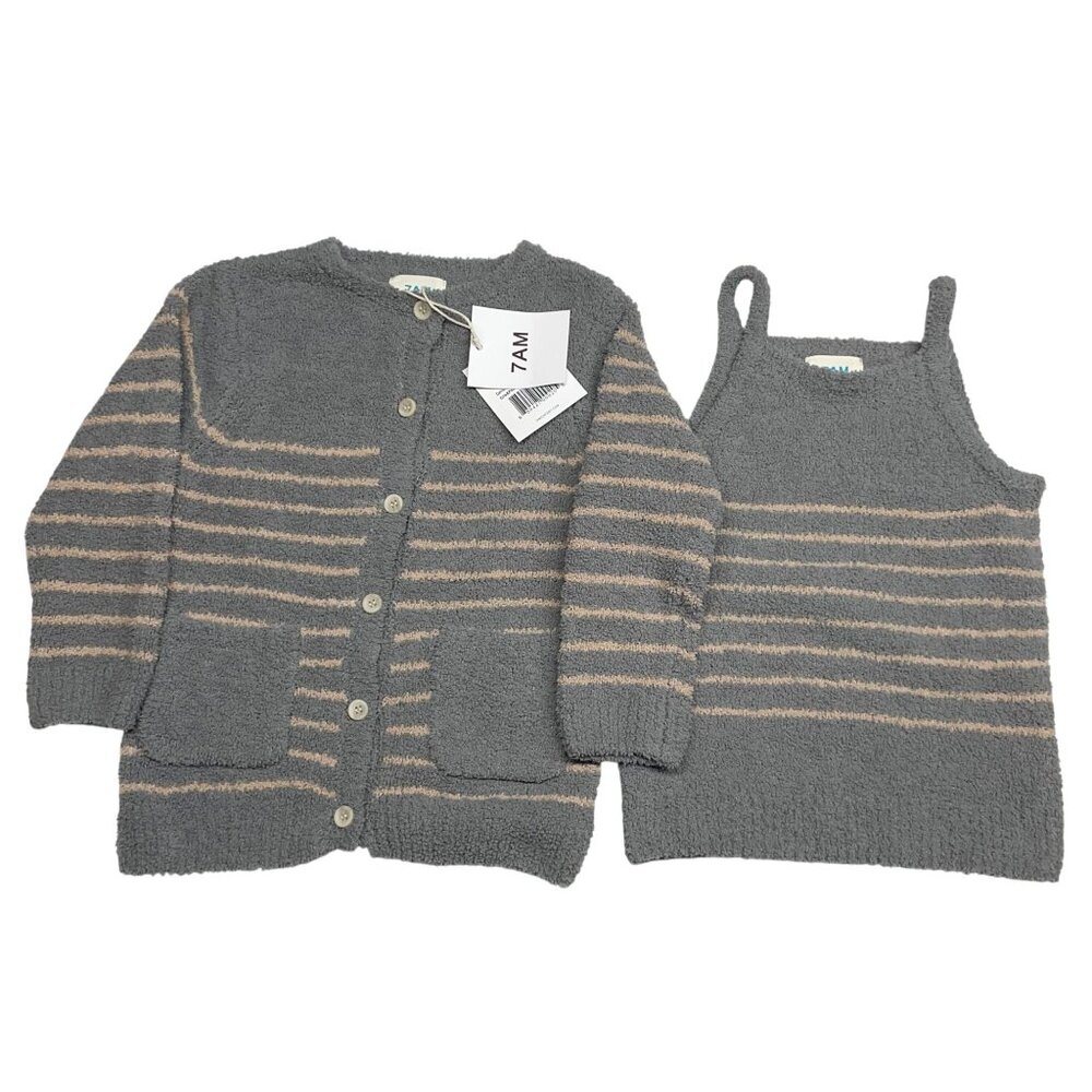 NEW 7AM Enfant Camisole + Cardigan Toddler 18-24 mos Gris & Pecan Striped Button